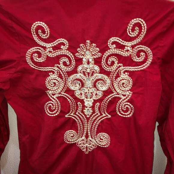Roar Signature Embellished Y2K Red Button Up Shirt Size XS Heart Pockets - Picture 3 of 11
